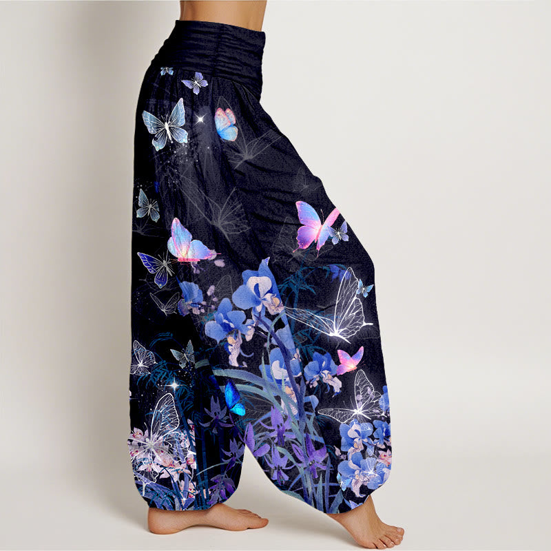 Pantalones harén de cintura elástica para mujer con diseño de flores de mariposa y bambú, de algodón puro y piedras de Buddha Stones - image 2