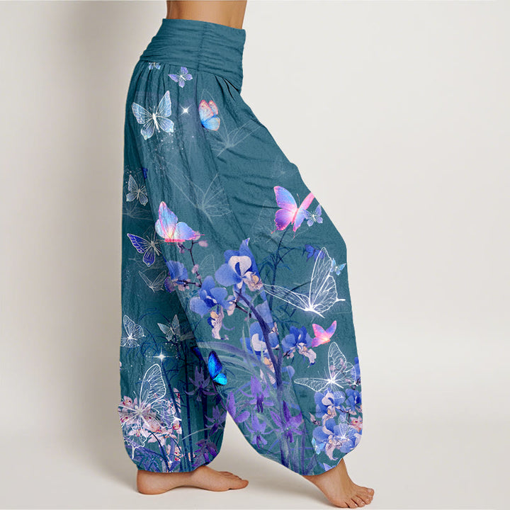 Pantalones harén de cintura elástica para mujer con diseño de flores de mariposa y bambú, de algodón puro y piedras de Buddha Stones - image 7