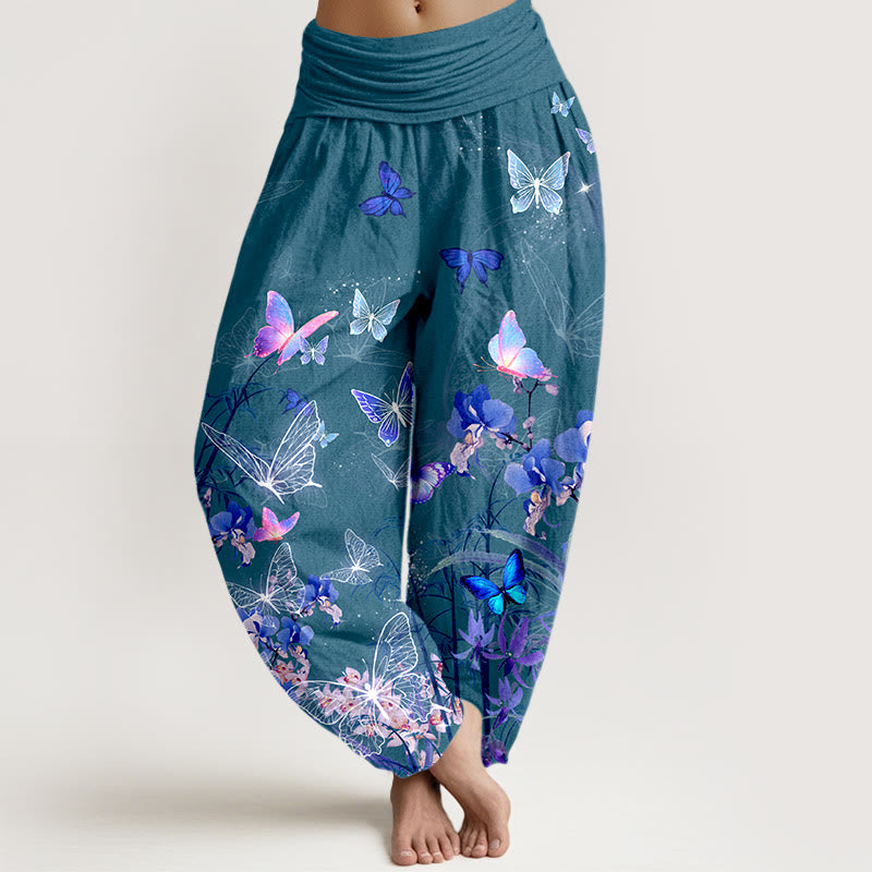 Pantalones harén de cintura elástica para mujer con diseño de flores de mariposa y bambú, de algodón puro y piedras de Buddha Stones - Verde azulado - US16，UK/AU20，EU48 (3XL) - image 5