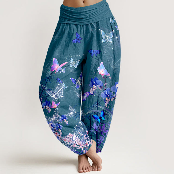 Pantalones harén de cintura elástica para mujer con diseño de flores de mariposa y bambú, de algodón puro y piedras de Buddha Stones - Verde azulado - US16，UK/AU20，EU48 (3XL) - image 5