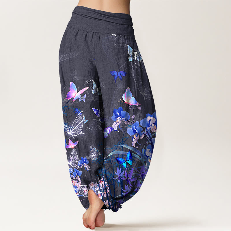 Pantalones harén de cintura elástica para mujer con diseño de flores de mariposa y bambú, de algodón puro y piedras de Buddha Stones - image 9