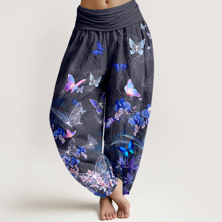 Pantalones harén de cintura elástica para mujer con diseño de flores de mariposa y bambú, de algodón puro y piedras de Buddha Stones - Gris - US16，UK/AU20，EU48 (3XL) - image 8
