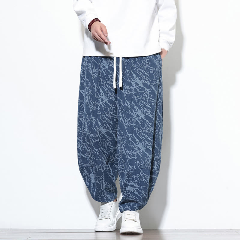 Pantalones harén para hombre, de algodón, con cintura elástica y bolsillos, con estampado de líneas texturizadas y Buddha Stones en otoño. - Azul acero - US/UK/AU46, EU56 (5XL) - image 0