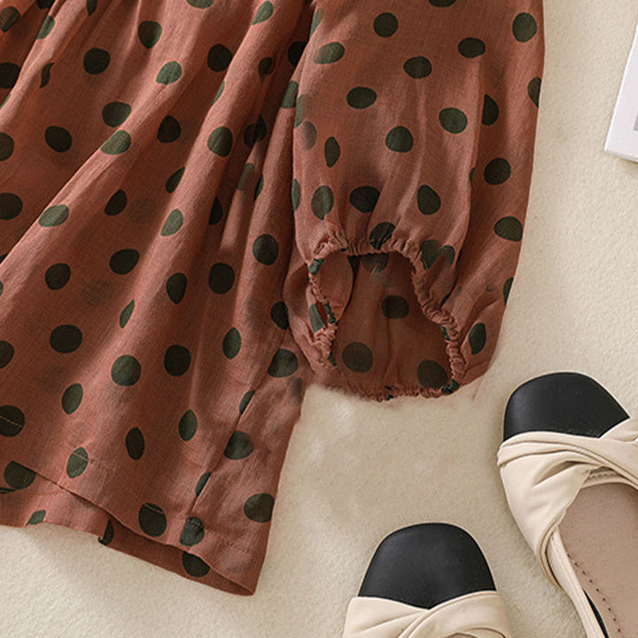 Camisa de poliéster para mujer de manga larga con cuello redondo y lunares de Buddha Stones Fall  - image 4