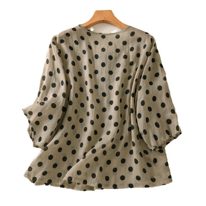 Camisa de poliéster para mujer de manga larga con cuello redondo y lunares de Buddha Stones Fall  - image 17