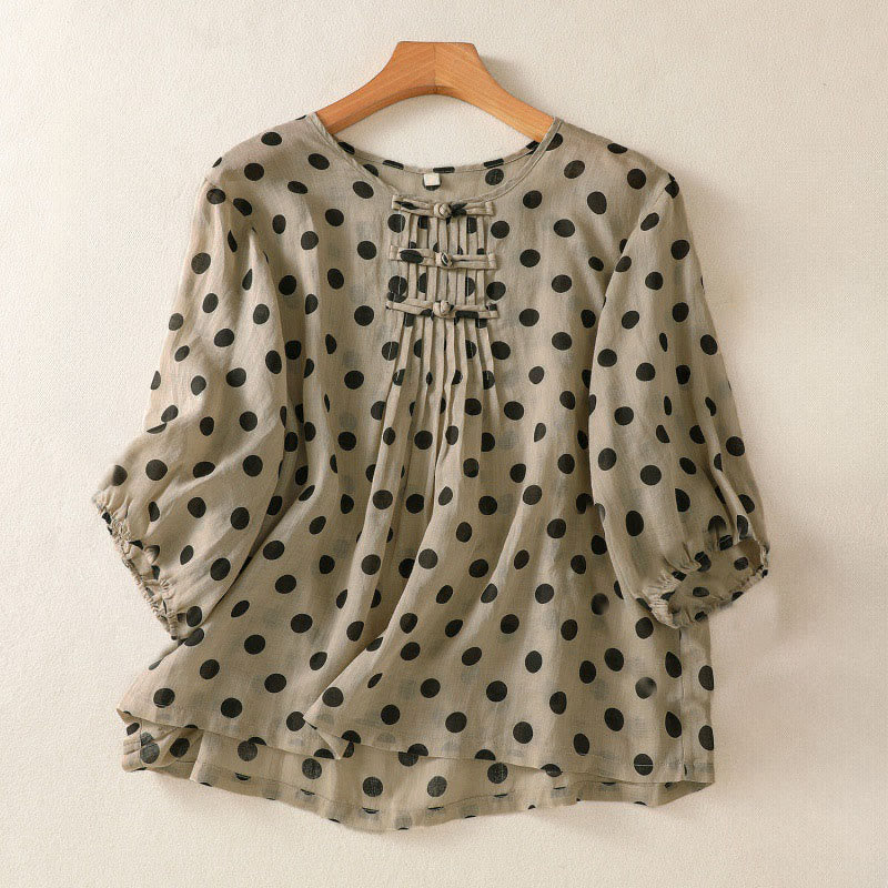 Camisa de poliéster para mujer de manga larga con cuello redondo y lunares de Buddha Stones Fall  - Broncearse - US12, UK/AU16, EU44 (2XL) - image 15