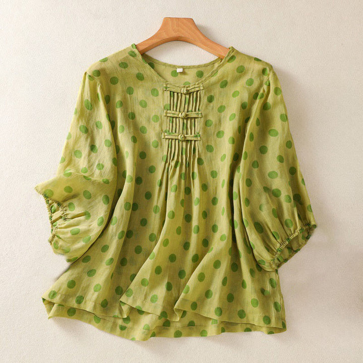 Camisa de poliéster para mujer de manga larga con cuello redondo y lunares de Buddha Stones Fall  - AmarilloVerde - US12, UK/AU16, EU44 (2XL) - image 7