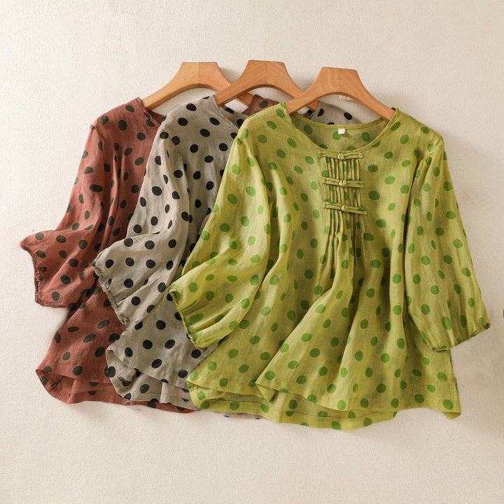 Camisa de poliéster para mujer de manga larga con cuello redondo y lunares de Buddha Stones Fall  - image 27