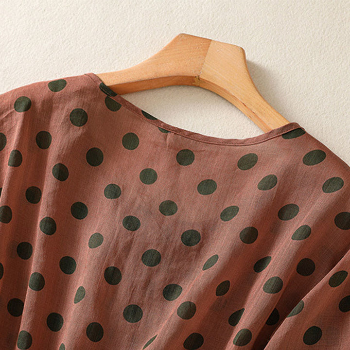 Camisa de poliéster para mujer de manga larga con cuello redondo y lunares de Buddha Stones Fall  - image 6