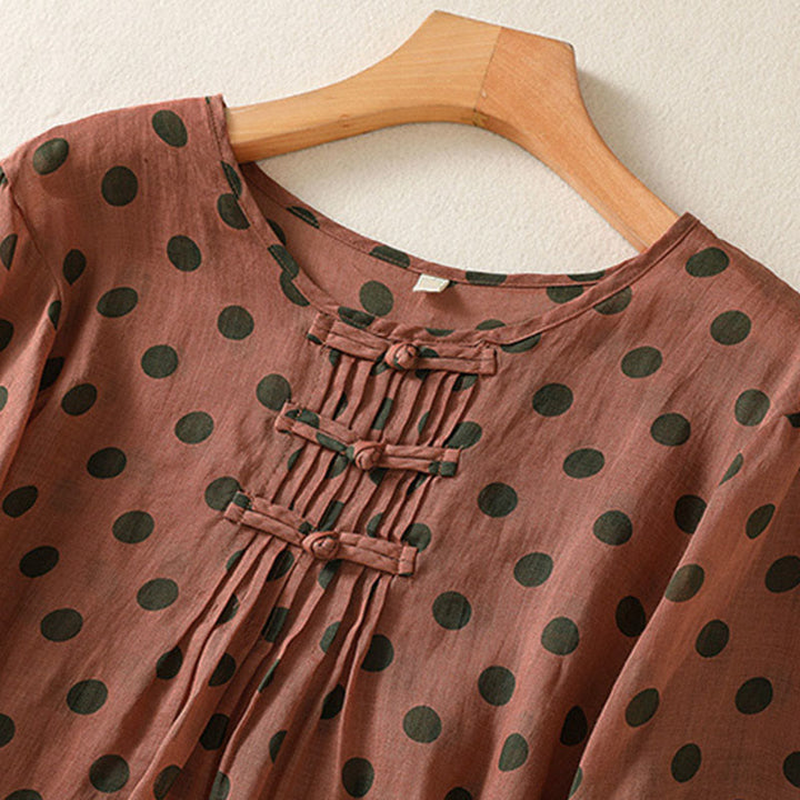 Camisa de poliéster para mujer de manga larga con cuello redondo y lunares de Buddha Stones Fall  - image 1