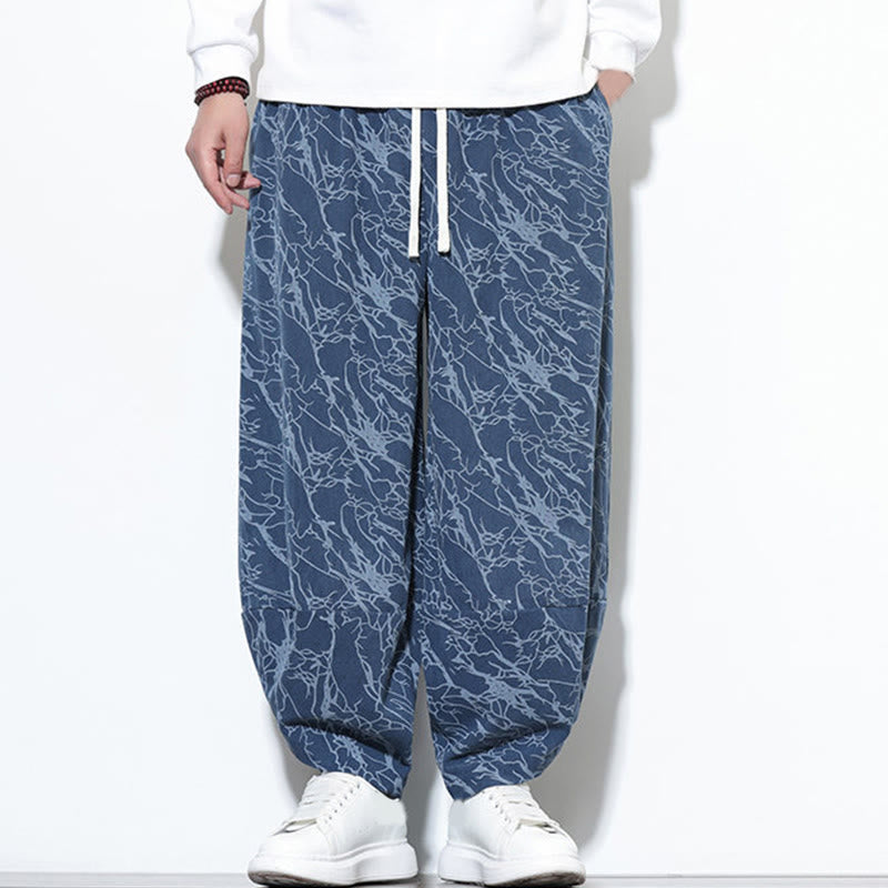 Pantalones harén para hombre, de algodón, con cintura elástica y bolsillos, con estampado de líneas texturizadas y Buddha Stones en otoño. - image 5