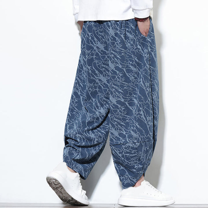 Pantalones harén para hombre, de algodón, con cintura elástica y bolsillos, con estampado de líneas texturizadas y Buddha Stones en otoño. - image 3