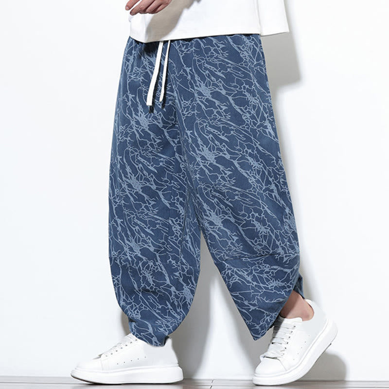 Pantalones harén para hombre, de algodón, con cintura elástica y bolsillos, con estampado de líneas texturizadas y Buddha Stones en otoño. - image 1