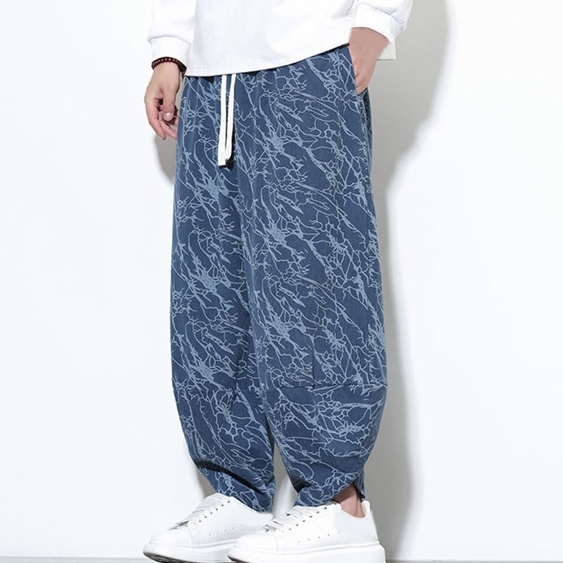 Pantalones harén para hombre, de algodón, con cintura elástica y bolsillos, con estampado de líneas texturizadas y Buddha Stones en otoño. - image 4