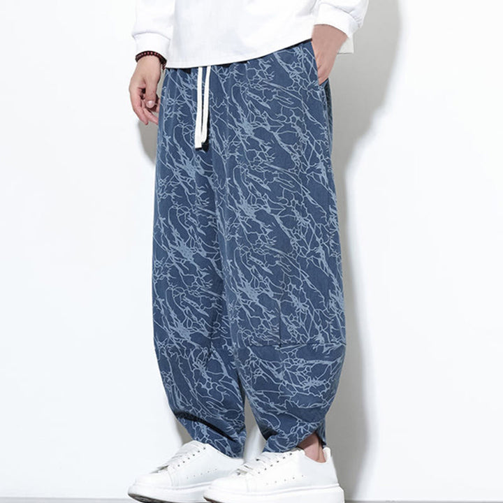 Pantalones harén para hombre, de algodón, con cintura elástica y bolsillos, con estampado de líneas texturizadas y Buddha Stones en otoño. - image 4