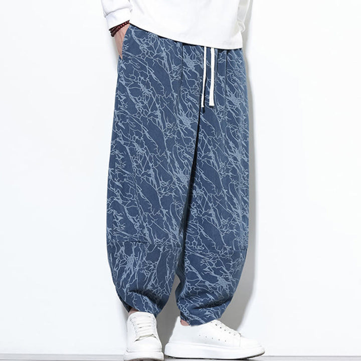 Pantalones harén para hombre, de algodón, con cintura elástica y bolsillos, con estampado de líneas texturizadas y Buddha Stones en otoño. - image 2
