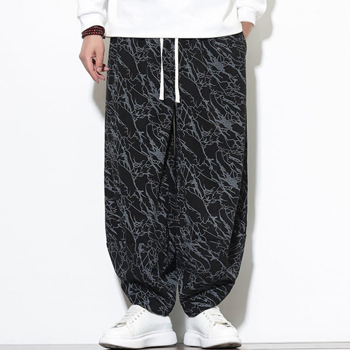 Pantalones harén para hombre, de algodón, con cintura elástica y bolsillos, con estampado de líneas texturizadas y Buddha Stones en otoño. - image 13