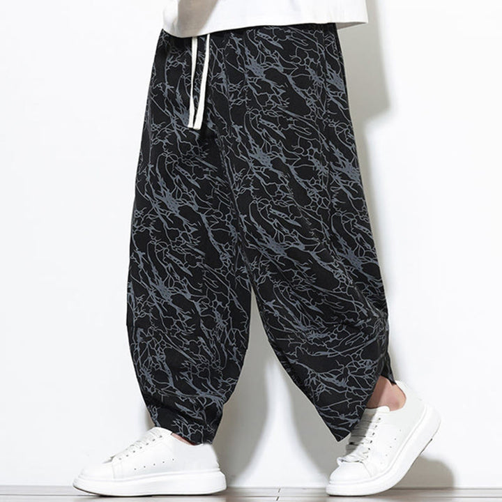Pantalones harén para hombre, de algodón, con cintura elástica y bolsillos, con estampado de líneas texturizadas y Buddha Stones en otoño. - image 9