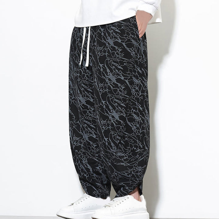 Pantalones harén para hombre, de algodón, con cintura elástica y bolsillos, con estampado de líneas texturizadas y Buddha Stones en otoño. - image 12