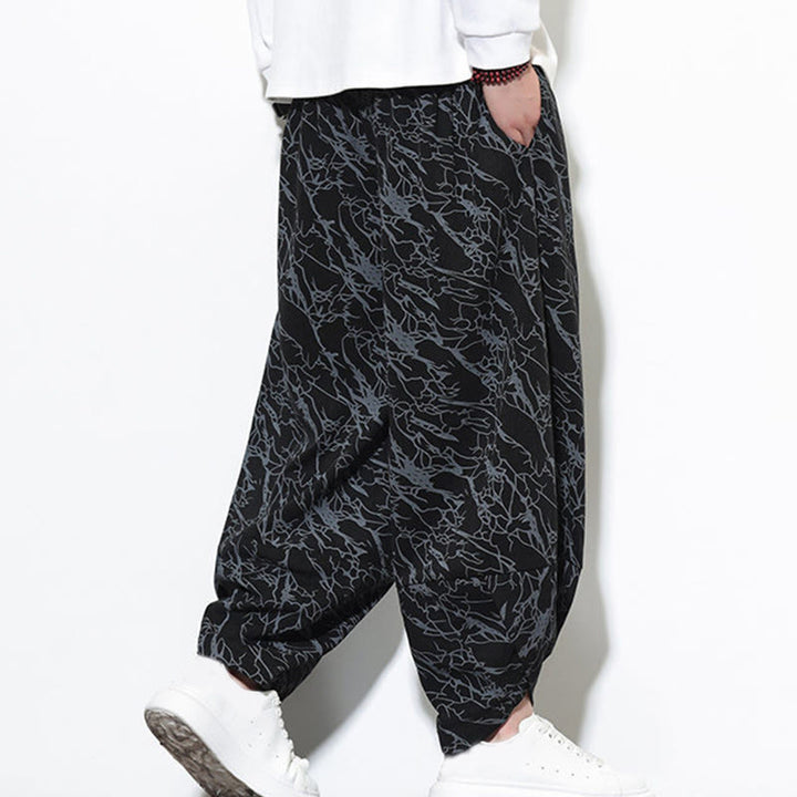 Pantalones harén para hombre, de algodón, con cintura elástica y bolsillos, con estampado de líneas texturizadas y Buddha Stones en otoño. - image 11