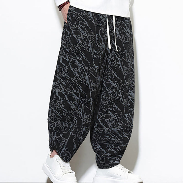 Pantalones harén para hombre, de algodón, con cintura elástica y bolsillos, con estampado de líneas texturizadas y Buddha Stones en otoño. - image 14