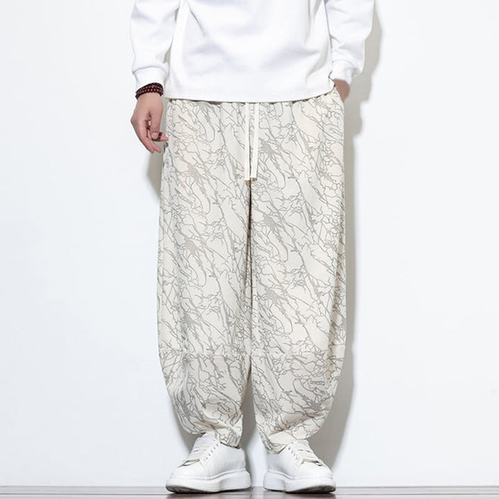 Pantalones harén para hombre, de algodón, con cintura elástica y bolsillos, con estampado de líneas texturizadas y Buddha Stones en otoño. - image 25