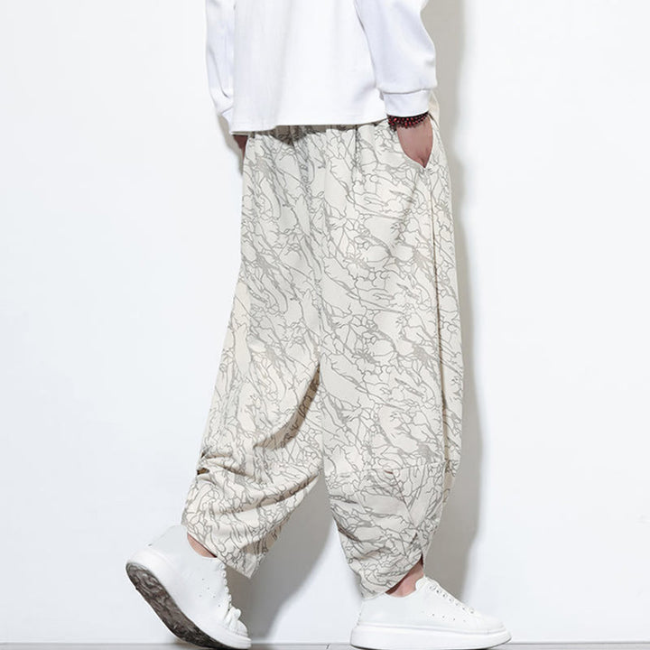 Pantalones harén para hombre, de algodón, con cintura elástica y bolsillos, con estampado de líneas texturizadas y Buddha Stones en otoño. - image 27