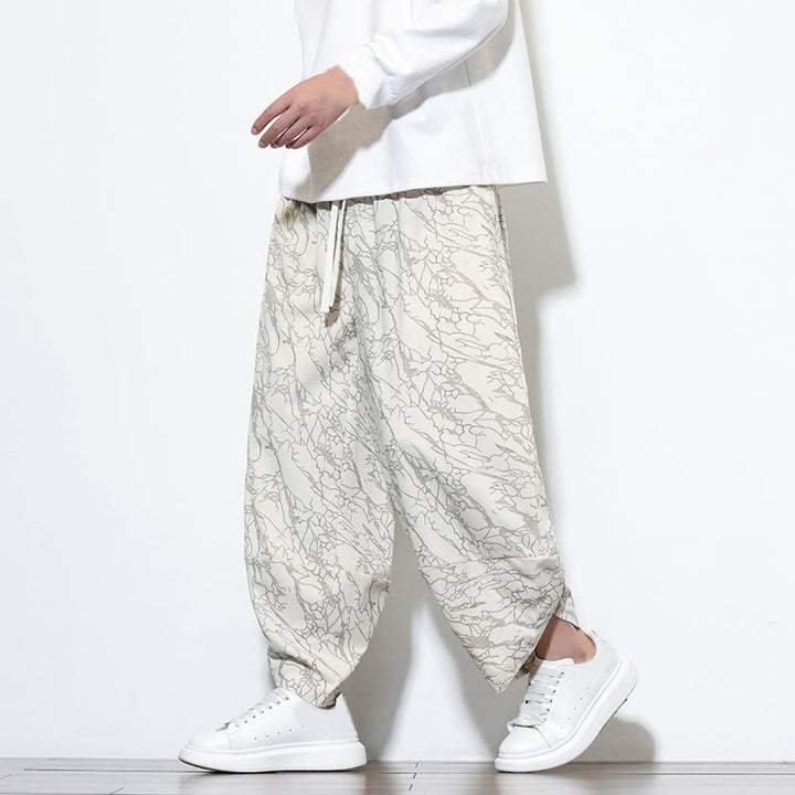 Pantalones harén para hombre, de algodón, con cintura elástica y bolsillos, con estampado de líneas texturizadas y Buddha Stones en otoño. - image 29