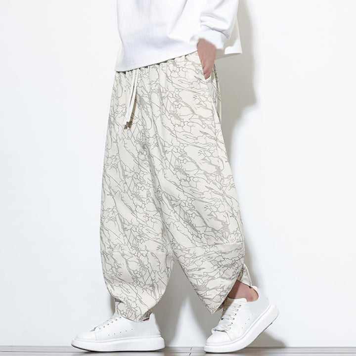 Pantalones harén para hombre, de algodón, con cintura elástica y bolsillos, con estampado de líneas texturizadas y Buddha Stones en otoño. - image 30