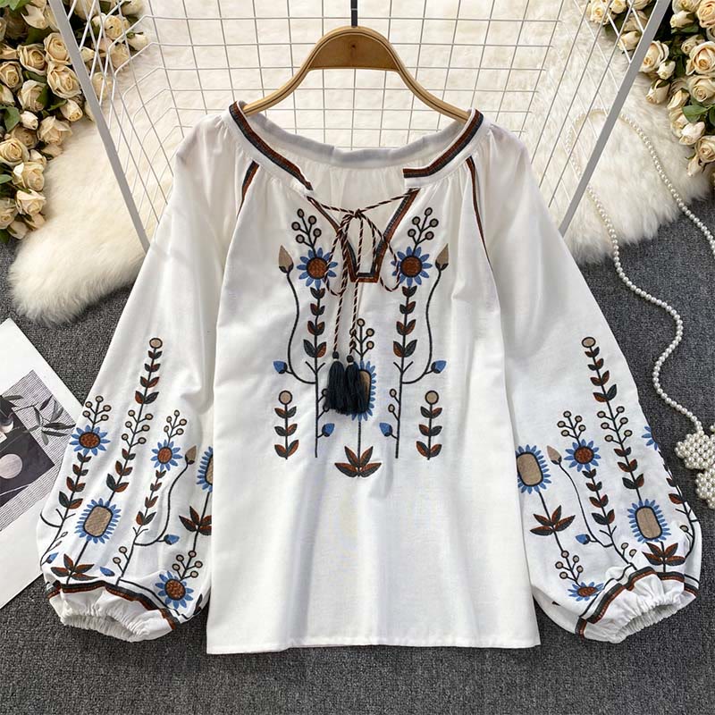 Camiseta de algodón y lino con cuello redondo para mujer, con bordado informal de flores y hojas de Buddha Stones  - Blanco - US4-6, UK/AU8-10, EU36-38 (F) - image 11