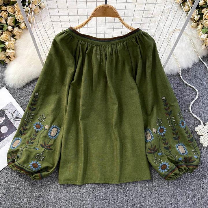 Camiseta de algodón y lino con cuello redondo para mujer, con bordado informal de flores y hojas de Buddha Stones  - image 1