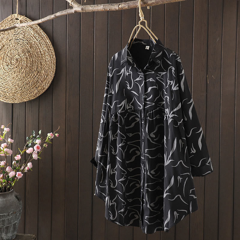 Camisa de algodón y poliéster de manga larga para mujer con cuello alto y estampado de líneas de Buddha Stones para primavera y otoño  - Negro - US14, UK/AU18, EU46 (4XL) - image 16