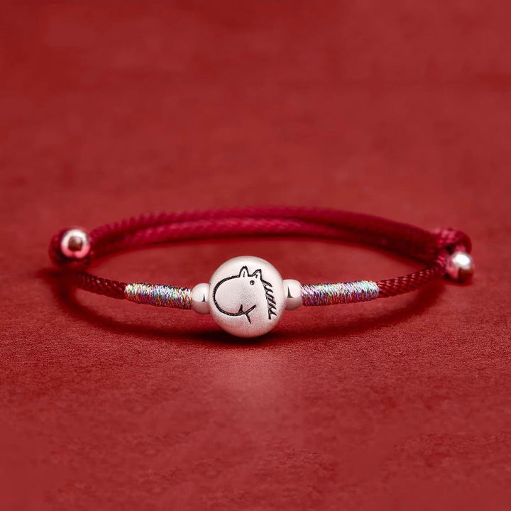 Pulsera de hilo rojo de plata de ley 999 con Buddha Stones del Año del Caballo - Cuerda de caballo rojo oscuro (circunferencia de la muñeca: 14-18 cm) - image 0