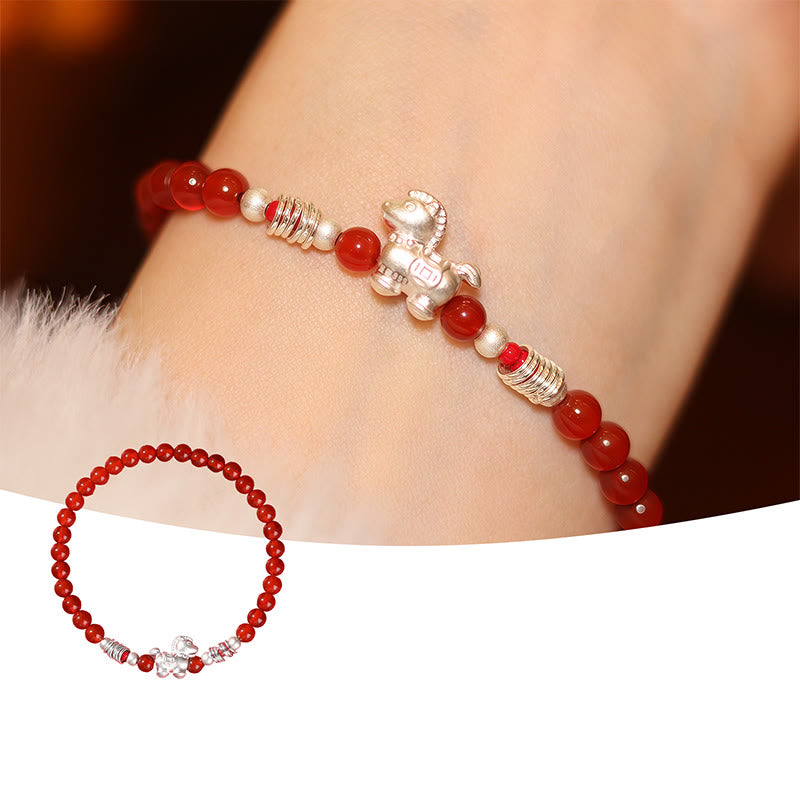 Pulsera de ágata roja y cinabrio de plata de ley 999 con Buddha Stones y el Año del Caballo - Caballo de ágata roja en plata de ley 999 (circunferencia de la muñeca: 14-16 cm) - image 1