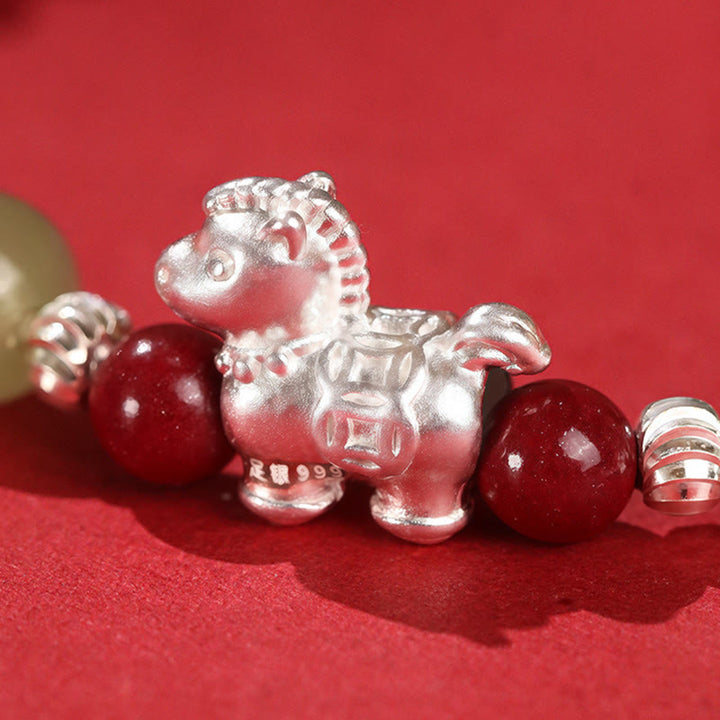 Pulsera de hilo rojo de plata de ley 999 con Buddha Stones y jade hetiano cinabrio del Año del Caballo. - image 4
