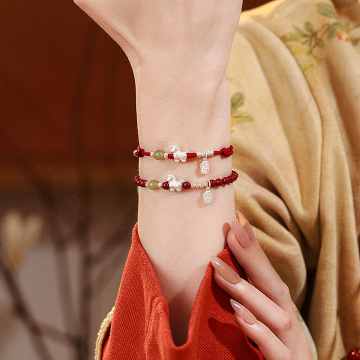 Pulsera de hilo rojo de plata de ley 999 con Buddha Stones y jade hetiano cinabrio del Año del Caballo. - image 18
