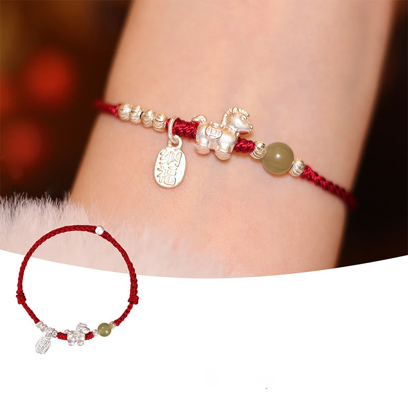 Pulsera de hilo rojo de plata de ley 999 con Buddha Stones y jade hetiano cinabrio del Año del Caballo. - Caballo de jade hetiano de plata esterlina 999 (circunferencia de la muñeca: 14-15 cm) - image 14