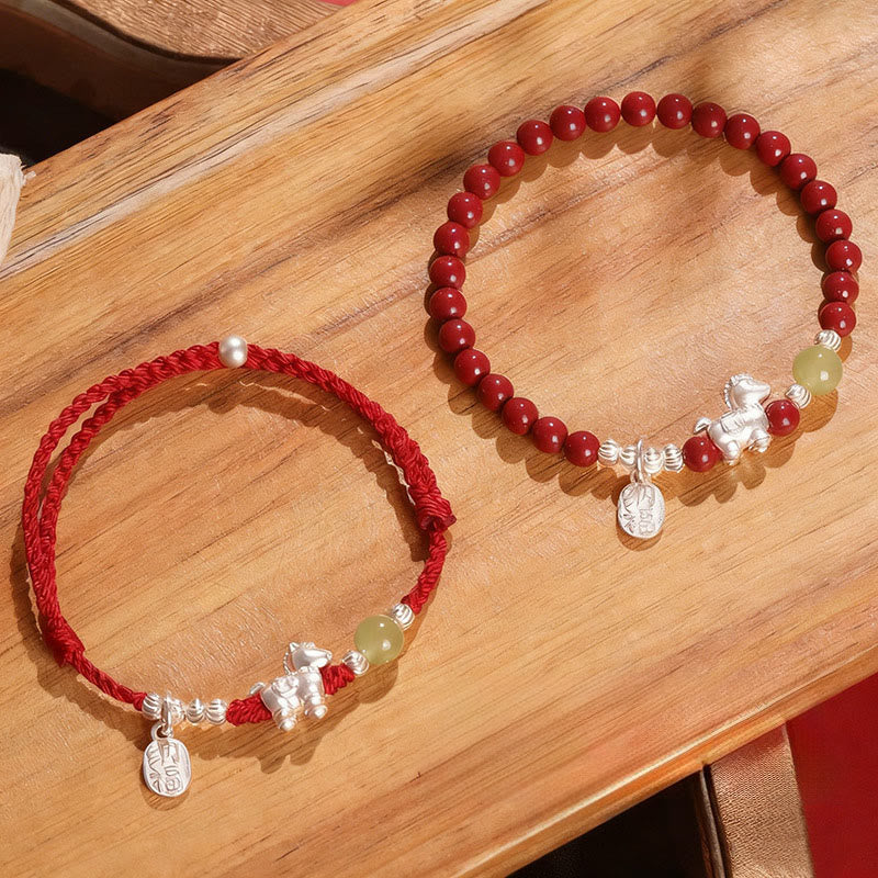 Pulsera de hilo rojo de plata de ley 999 con Buddha Stones y jade hetiano cinabrio del Año del Caballo. - Conjunto combinado (circunferencia de la muñeca: 14-15 cm) - image 0