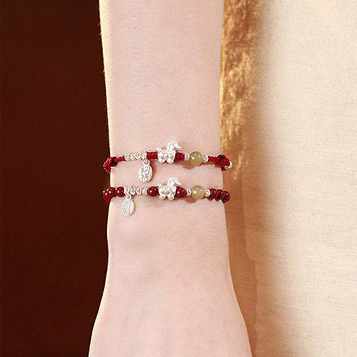 Pulsera de hilo rojo de plata de ley 999 con Buddha Stones y jade hetiano cinabrio del Año del Caballo. - image 20