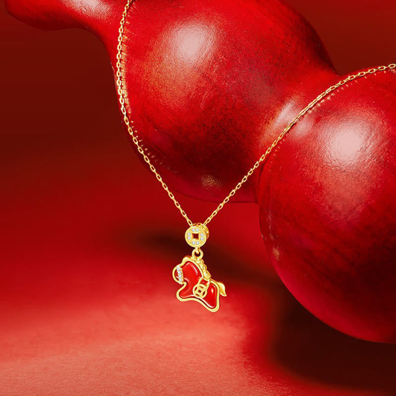 Collar con colgante de bendición de ágata roja de plata de ley 925 con monedas de cobre y piedras de Buddha Stones del Año del Caballo. - Caballo de ágata roja en plata de ley 925 - image 0