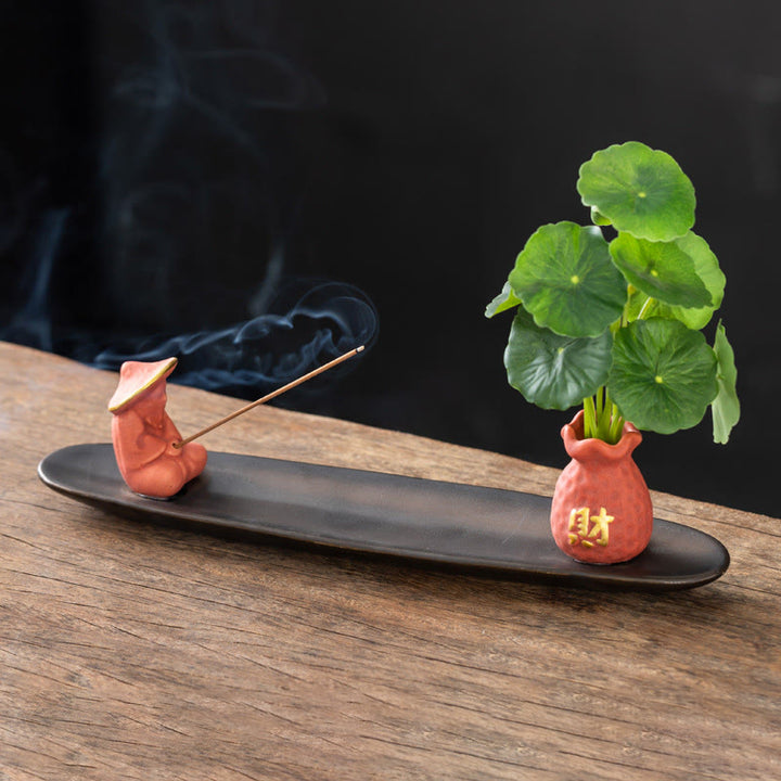 Quemador de incienso con Buddha Stones Pixiu para la riqueza y la decoración del hogar - Pescador naranja (25,7 x 7,5 x 5,8 cm) - image 0