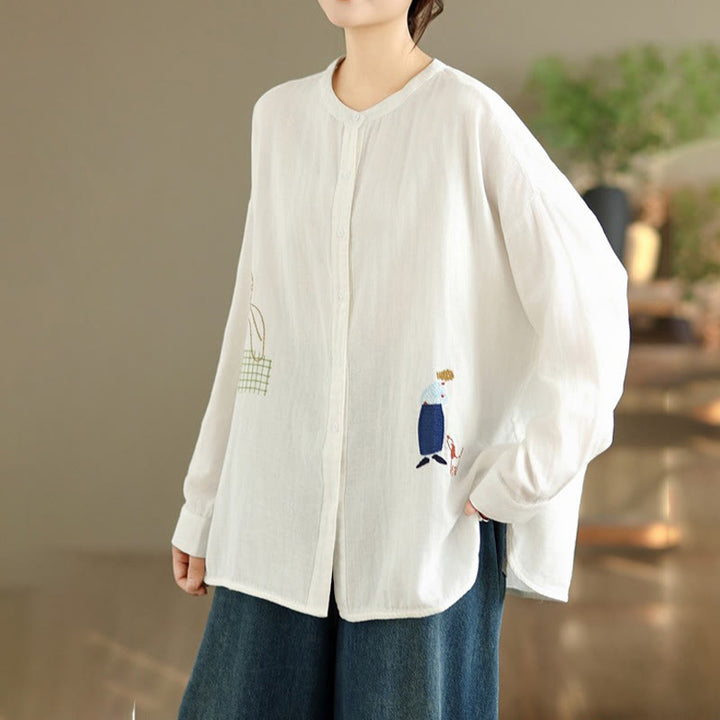 Camisa de manga larga para mujer con bordado de Buddha Stones y figuras humanas, diseño de perro y cuello redondo con botones - image 12