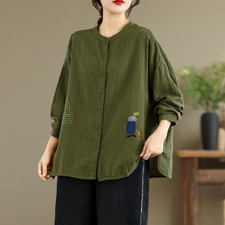 Camisa de manga larga para mujer con bordado de Buddha Stones y figuras humanas, diseño de perro y cuello redondo con botones - Verde oliva oscuro - US14，UK/AU18，EU46 (2XL) - image 19