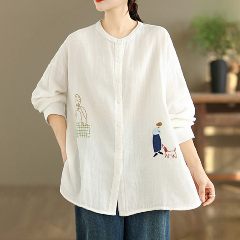 Camisa de manga larga para mujer con bordado de Buddha Stones y figuras humanas, diseño de perro y cuello redondo con botones - image 8