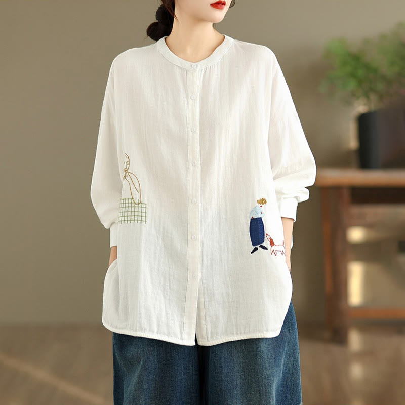 Camisa de manga larga para mujer con bordado de Buddha Stones y figuras humanas, diseño de perro y cuello redondo con botones - image 11