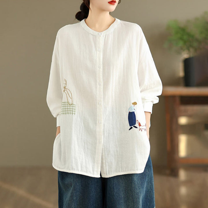 Camisa de manga larga para mujer con bordado de Buddha Stones y figuras humanas, diseño de perro y cuello redondo con botones - image 11