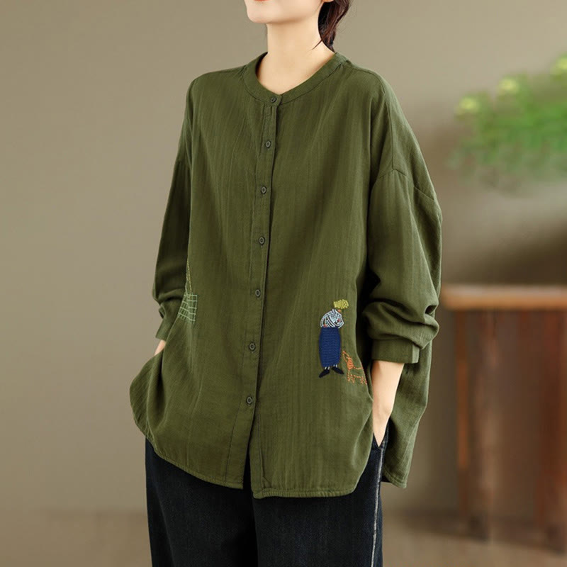 Camisa de manga larga para mujer con bordado de Buddha Stones y figuras humanas, diseño de perro y cuello redondo con botones - image 22