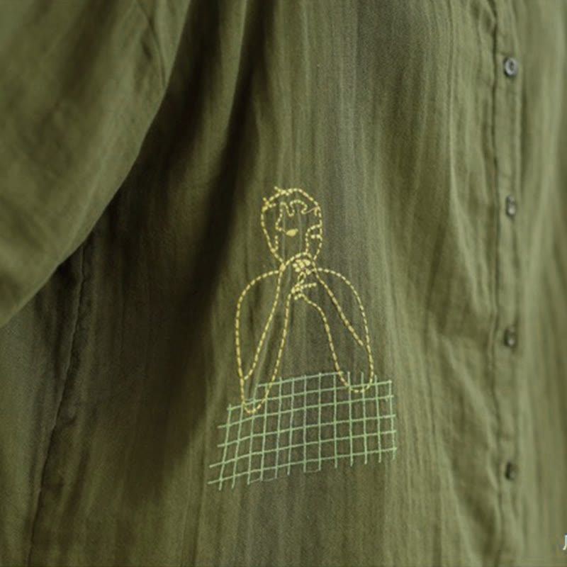 Camisa de manga larga para mujer con bordado de Buddha Stones y figuras humanas, diseño de perro y cuello redondo con botones - image 31