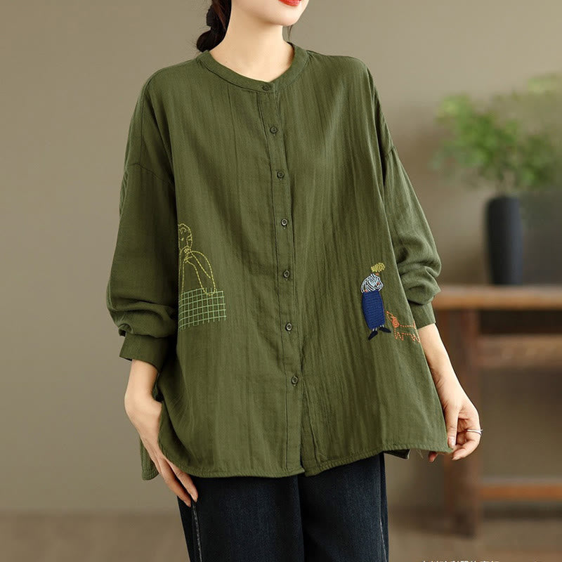 Camisa de manga larga para mujer con bordado de Buddha Stones y figuras humanas, diseño de perro y cuello redondo con botones - image 20