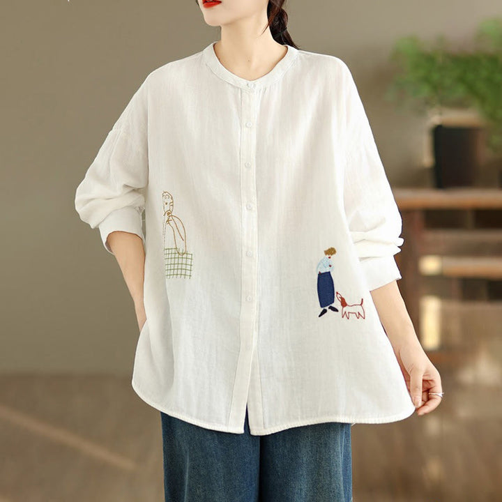 Camisa de manga larga para mujer con bordado de Buddha Stones y figuras humanas, diseño de perro y cuello redondo con botones - image 15